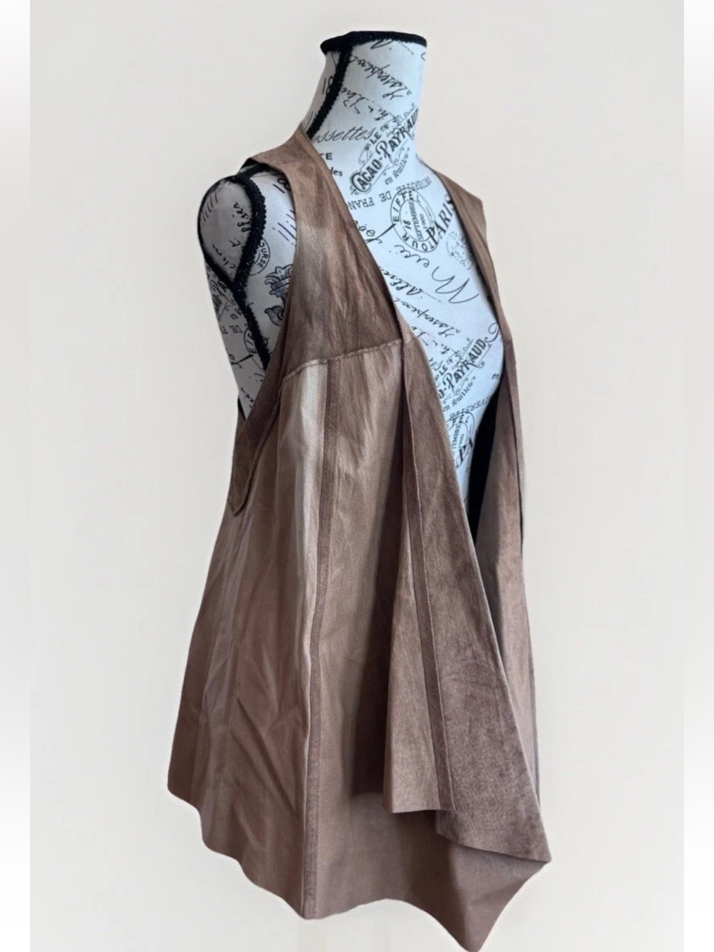 ILLIA Camel Brown Tan Boho Drape Open Front Leather Vest Moto biker style 8